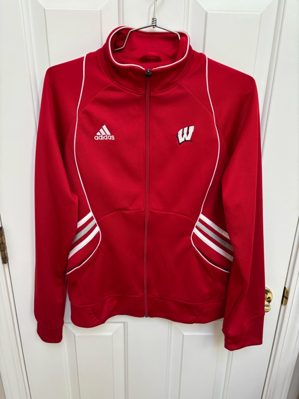 adidas Women’s Wisconsin logo Red Full-Zip Bomber Jacket with White Trim